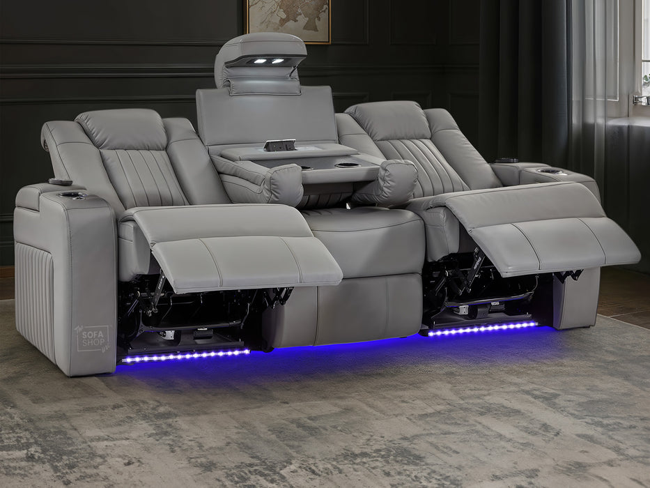 3 Seater Light Grey Real Leather Electric Recliner Cinema Sofa | Electric Sofa With Massage, Power Headrest, Wireless Charging & LED Reading Lights | Capri | The Sofa Shop