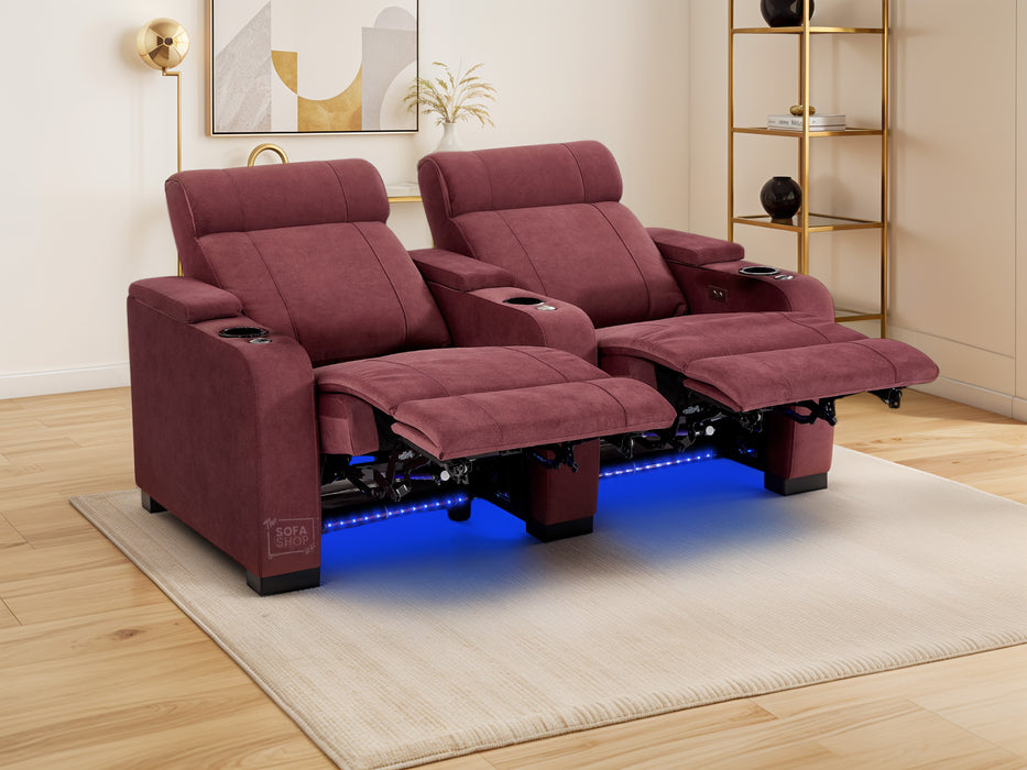 2+1 Sofa Set. Electric Recliner Cinema Suite in Velvet Purple Fabric | 2 Piece Sofa Set with Massage, USB Ports, Cooling Cup Holders, Storage Box & LED Lights | Rimini | The Sofa Shop
