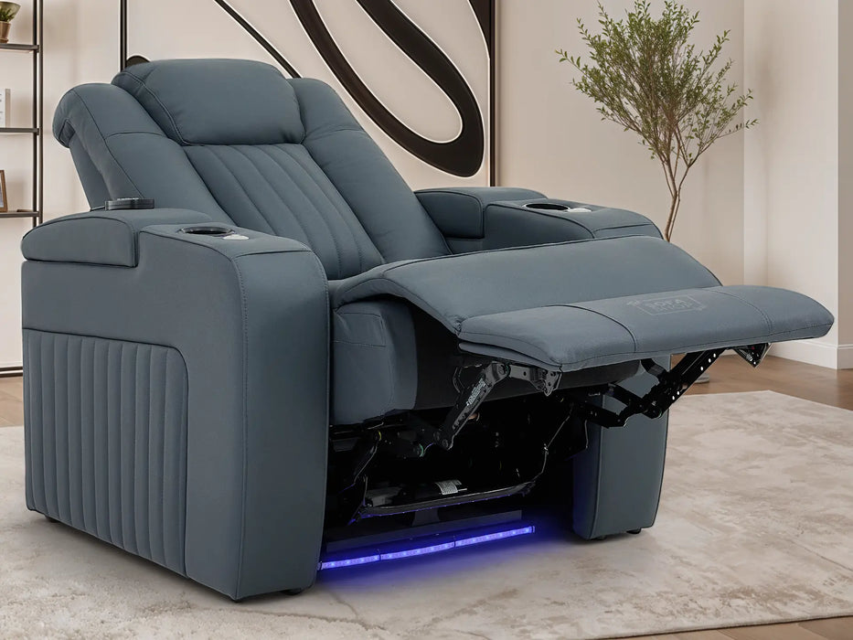 Real Leather Recliner Chair In Blue with Power Headrest, Power Recline, Massage, USB Charging, LED Cup Holder & Tray Table | Capri