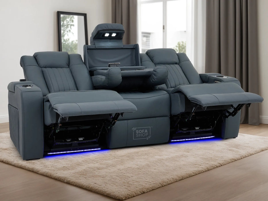 3+2 Real Leather Electric Recliner Sofa Set In Blue | 2 Piece Cinema Sofa Suite with Power Headrest, Drop-Down Table, Heating, Console, Wireless Charging, Massage & USB Ports | Capri