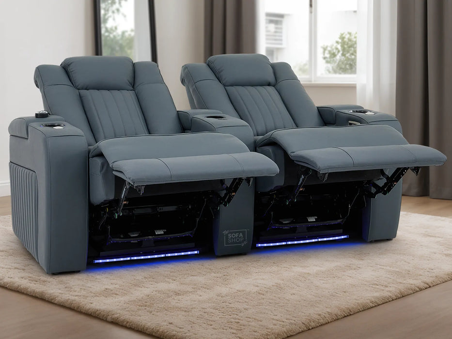 2 Seater Real Leather Recliner Sofa In Blue with Console, Massage, Heating, Adjustable Headrest, LED Cup Holders & USB Ports | Capri