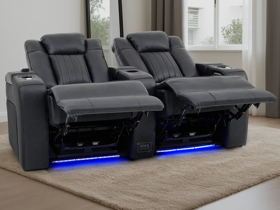 2 Seater Black Real Leather Electric Recliner Cinema Sofa | Smart Cinema Sofa in Black with Power Headrests, LED, Table & Vibration Massage| Capri | The Sofa Shop
