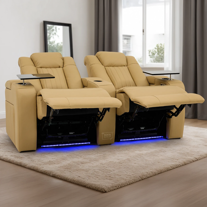 2 Seater Real Leather Power Recliner Sofa in Tan | Cinema Sofa with Console & USB Charging, Cup Holders, Storage, LED Lights & Massage | Capri
