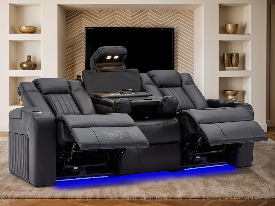 3 Seater Black Leather Hi-Tech Cinema Sofa | Electric Couch With Massage, Wireless Charging & Fold-Down Table | Capri | The Sofa Shop