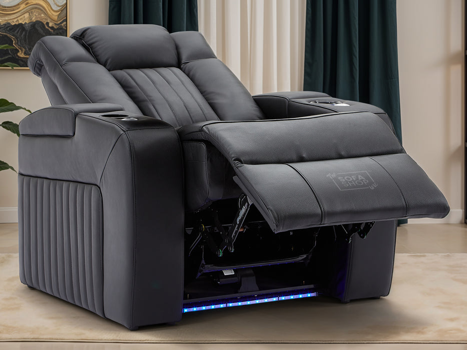 1 Seater Black Real Leather Cinema Chair | Hi-Tech Power Seat with Massage, Food Tray & Power Headrest | Capri