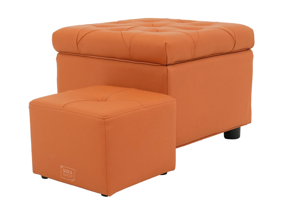 Orange Real Leather Footstool | Storage Ottoman for Sofa - Square