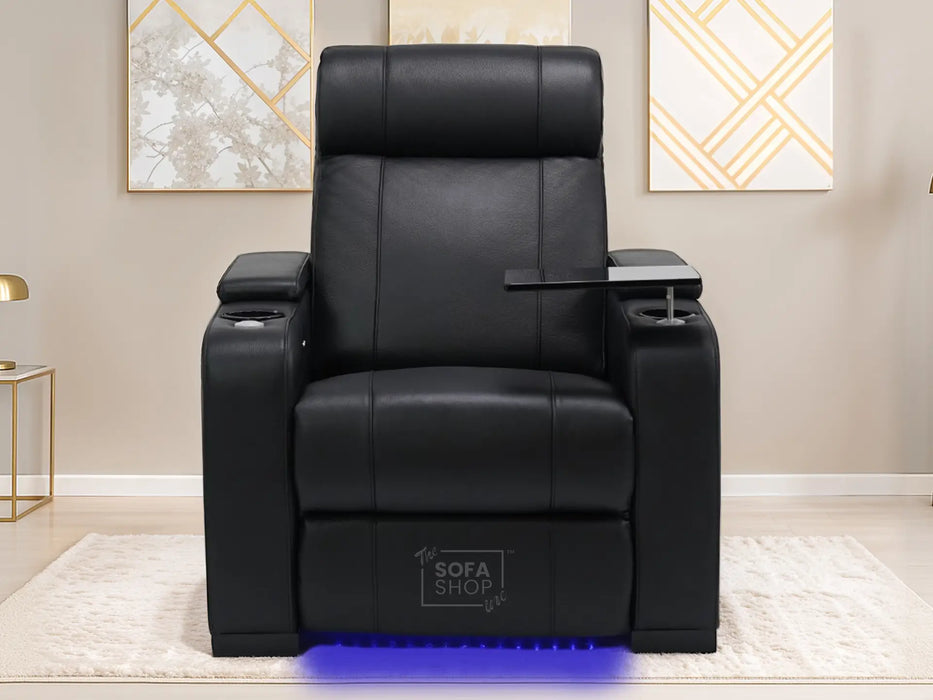 1 Seat Real Leather Electric Recliner Chair Home Cinema Sofa In Black with Massage, Cup Holders + Storage + USB + LED Lights | Rimini
