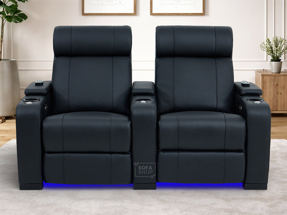 2 Seater Real Leather Electric Recliner Cinema Sofa in Black | Hi-Tech Cinema Sofa With Massage, Heated Lumbar, Power Grommet, Console & Chilled Cupholders | Rimini | The Sofa Shop
