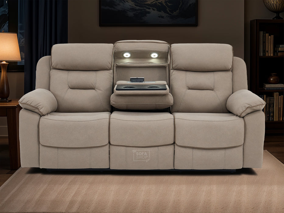 3 Seater Electric Recliner Cinema Sofa in Beige Fabric | Power Recliners with USB+C, Massage, Bluetooth Speaker, Fold-Down Table & Storage | Florence Series One