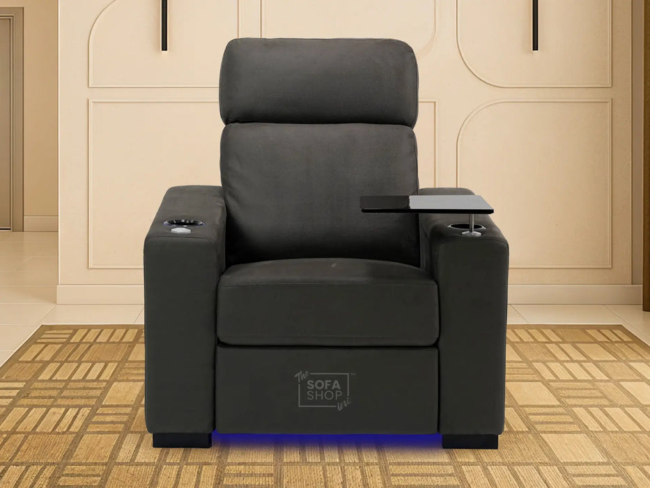 Fabric Cinema Armchair with Electric Reclining, Power Recliner, Lumbar Support, 2 Cup Holders, USB Charging & Tray Table | Hi-Tech Grey Fabric Chair | Palmero | Sofa Shop