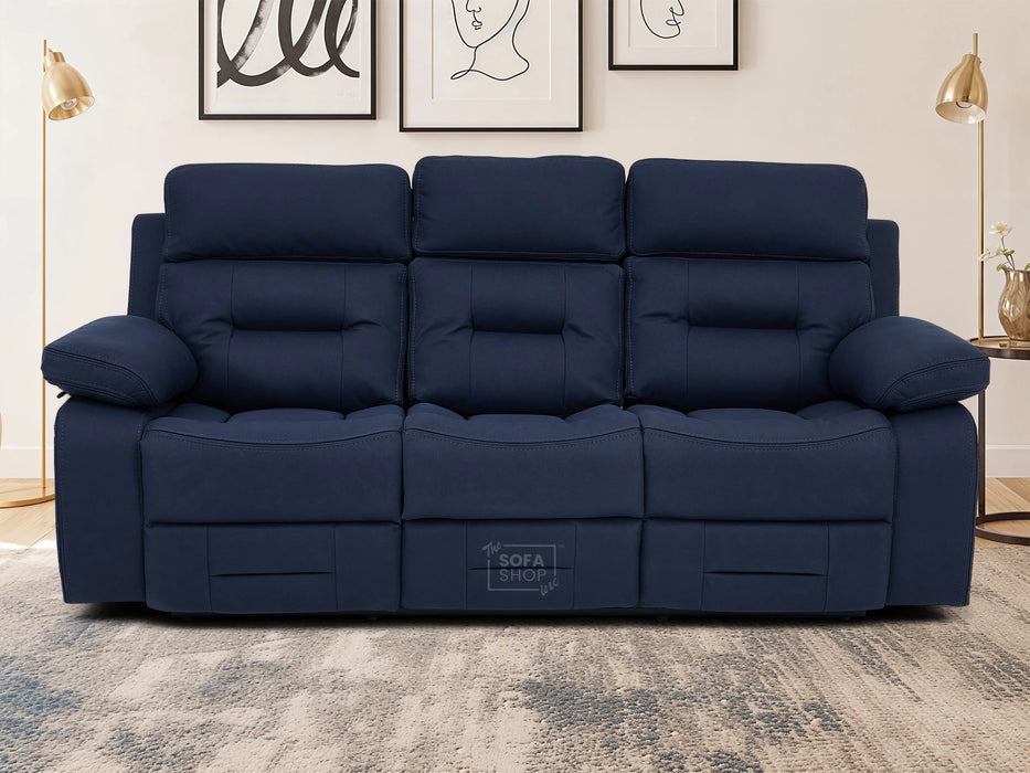 3+1 Electric Recliner Sofa Suite in Blue Resillience Fabric | Hi-Tech Cinema Set with Massage, Drop-Down Table, Power Headrest, Power Recliner, Storage Drawer, USB & Wireless Charging | Sicily