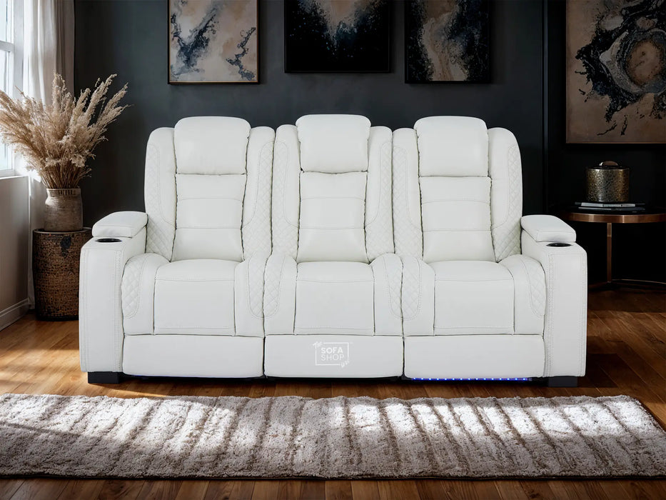 3 Seater Real Leather Electric Recliner Sofa with Fold-Down Table, Bluetooth Speakers, USB, Storage & Cupholders | White Genuine Leather | Napoli Series One