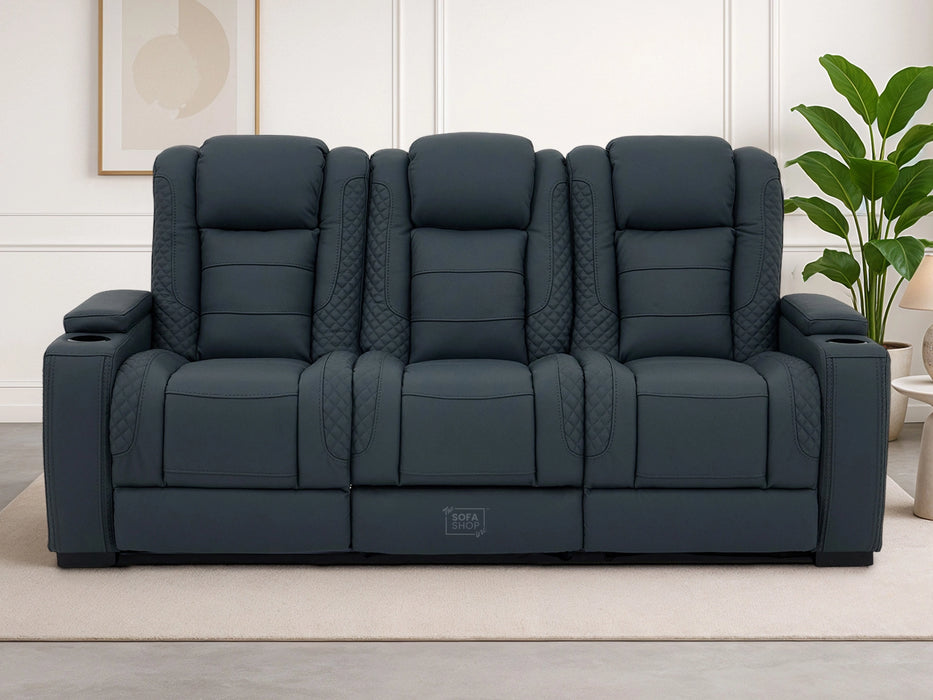 3+2 Cinema Sofa Set in Blue Genuine Leather with Massage, Drop-Down Table, Cup Holders, LED Reading Light, Power Recliner, USB Ports, Socket Set & Storage | Blue Leather | Napoli | The Sofa Shop