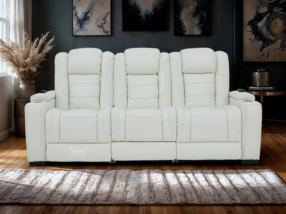 3 Seater Real Leather Electric Recliner Sofa with Fold-Down Table, Massage, USB, Storage & Cupholders | White Genuine Leather | Napoli