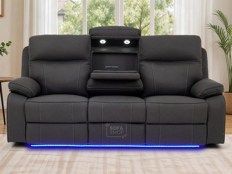 3 Seat Electric Recliner Home Cinema Theatre Sofa | Fabric Couch In Grey with Massage + Cupholders + Table + USB + Speakers | Vinsonova | The Sofa Shop