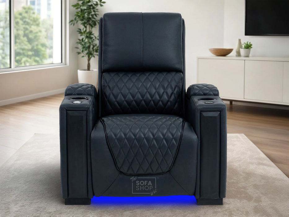 1 Seat Real Leather Electric Recliner Chair in Black With Massage + Heating + Cup Holders + Storage Compartments | Assisi