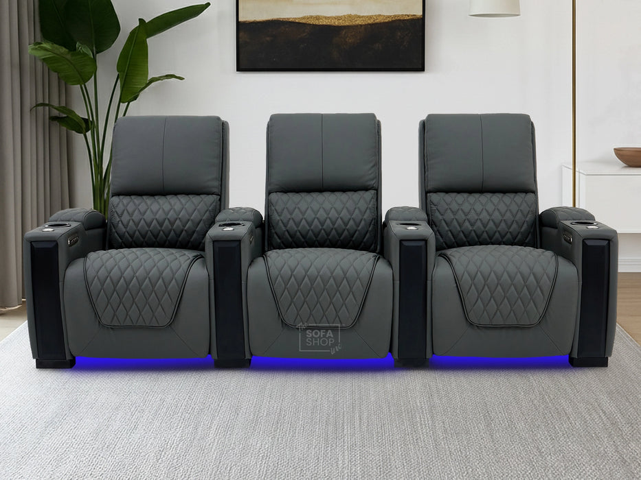 3 Seat Real Leather Electric Recliner Home Cinema Theatre Sofa In Grey with Chilled Cupholder + USB C to Stay Charged + Fully Reclining Seats & Lumbar Support | Assisi