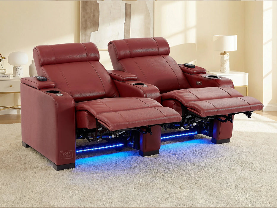 2 Seater Real Leather Electric Recliner Cinema Sofa in Red | Hi-Tech Cinema Sofa With Massage, Tray Tables & Cooling Cup Holders + USB Ports | Rimini | The Sofa Shop