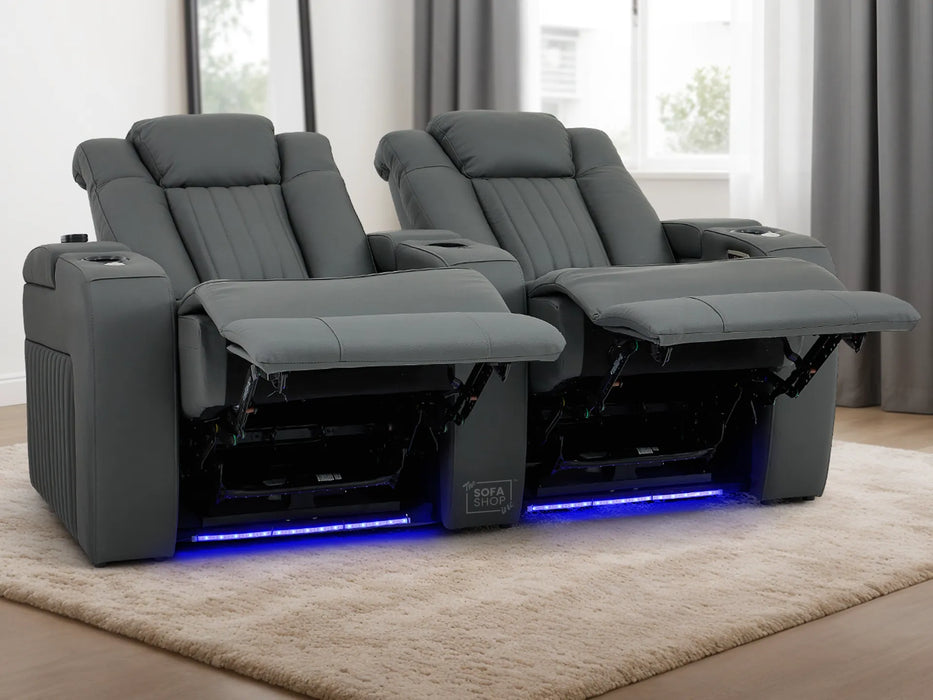 2 Seater Real Leather Power Recliner Smart Cinema Sofa | Grey Couch with Massage, Arm Storage, and Adjustable Headrest | Capri | The Sofa Shop