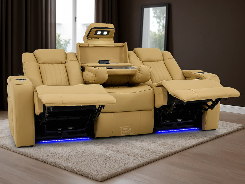 Real Leather 3+2 Smart Recliner Sofa Set in Tan | Power Reclining Sofa Suite with Drop-Down Table, Console, Massage, USB & LED | Capri | The Sofa Shop