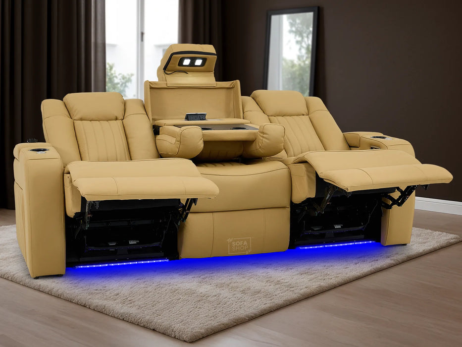 3 Seater Real Leather Power Recliner Sofa in Tan | Cinema Sofa with USB Charging, Cup Holders, Storage, LED Lights & Massage | Capri | The Sofa Shop