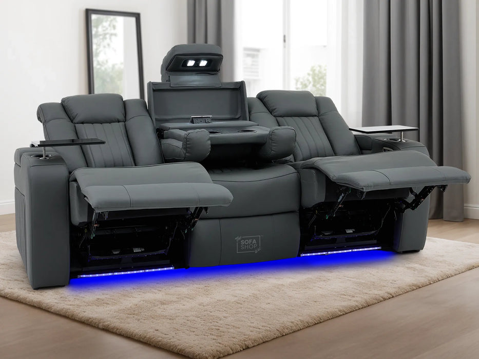 3 Seater Recliner Cinema Sofa | Theatre Couch in Grey Real Leather with USB Ports, Heating, Cup Holders, and Wireless Charger | Capri | The Sofa Shop