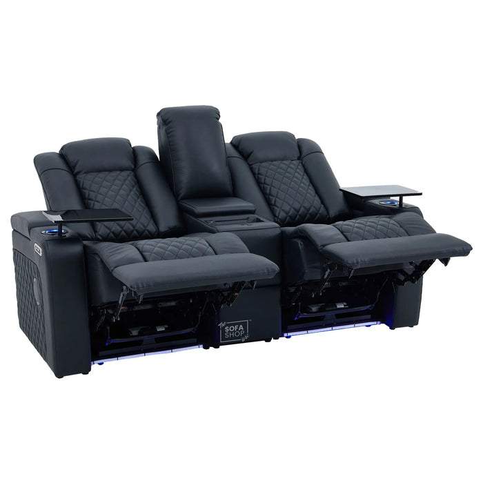 Black Real Leather 2 Seater Electric Recliner Cinema Sofa | Power Headrest, Speakers, Console, Wireless Charging & Cooling Cup Holders | Milano | The Sofa Shop
