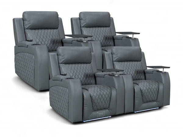 Row of 4 Electric Home Cinema Seats in Grey Leather Aire, With Recliner, Massage Seats, Removable Table, USB, Lights, Chilled Cupholders - Venice Series One