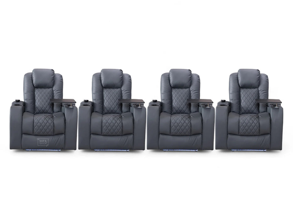 Row of 4 Electric Home Cinema Seats in Grey Leather Aire, With Recliner, Massage Seats, Removable Table, USB, Lights, Storage Arms, Chilled Cupholders - Pavia