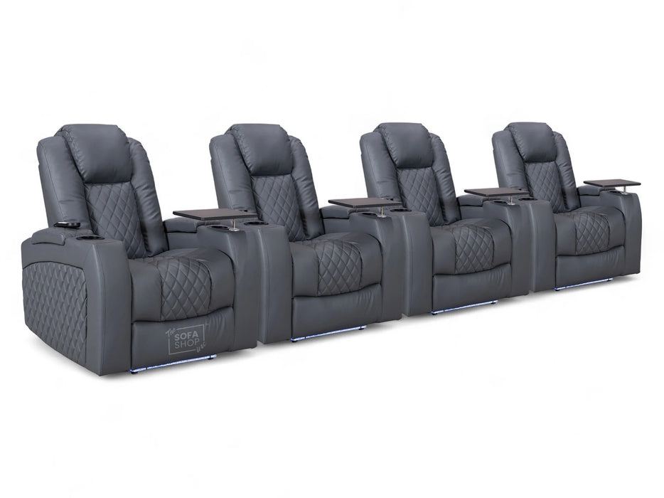 Row of 4 Electric Home Cinema Seats in Grey Leather Aire, With Recliner, Massage Seats, Removable Table, USB, Lights, Storage Arms, Chilled Cupholders - Pavia