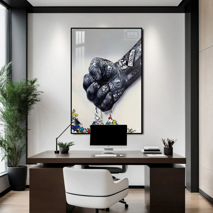 Graffiti Fist LED Canvas 100 x 150 cm Vertical | Urban Street Art With Adjustable LED Backlighting + Crystal-Porcelain Finish + Gold Or Black Aluminium Frame | The Sofa Shop