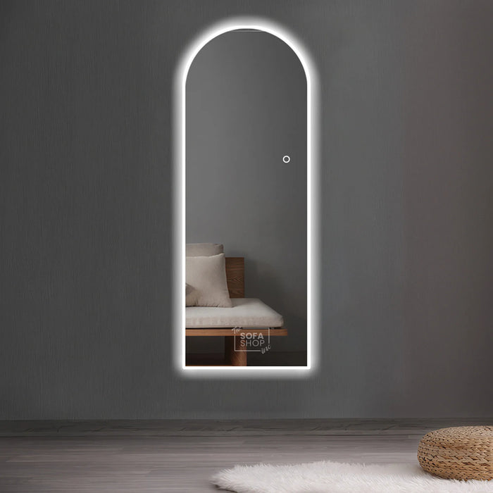 Full Length Frameless Arched Mirror with LED Lights - Free Standing Silver Mirror