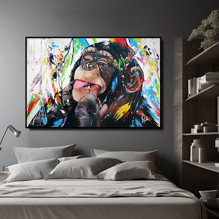 Colourful Chimp LED Canvas 150 x 100 cm | Graffiti Monkey Wall Art With Concealed LED Backlighting + Crystal-Porcelain Finish + Gold Or Black Frame | The Sofa Shop