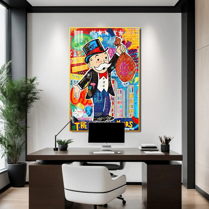 Monopoly Man LED Canvas | The World Is Yours | 100×150 cm LED-Illuminated Crystal-Porcelain Painting, Gold/Black Frame | The Sofa Shop
