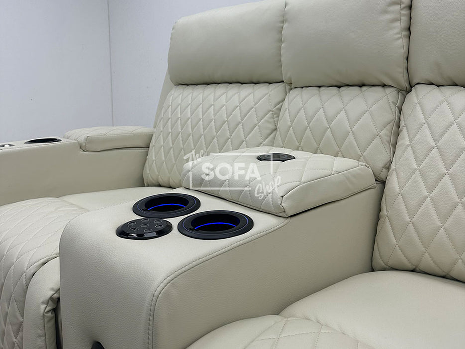 Venice Series One 2 Seater Electric Recliner Cinema Sofa in Cream Leather with USB Ports, Cup Holders, and Speakers - Second Hand Sofas