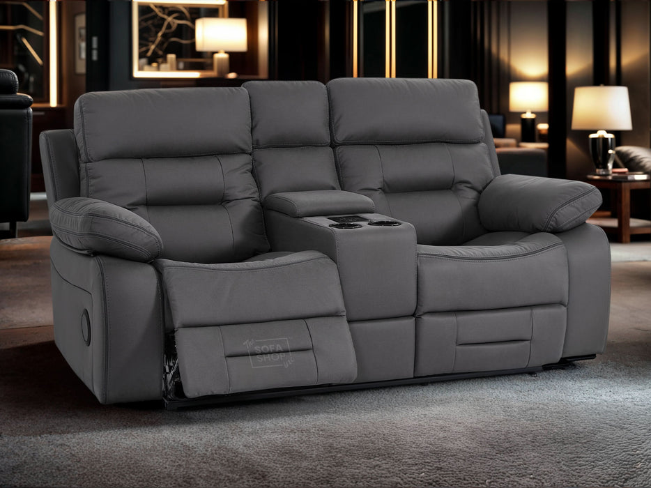 2 Seater Fabric Electric Recliner Cinema Sofa in Grey Fabric with Console, Power Headrest, Power Recliner, Bluetooth, Socket Set, Storage Drawer, USB & Wireless Charging | Sicily | The Sofa Shop