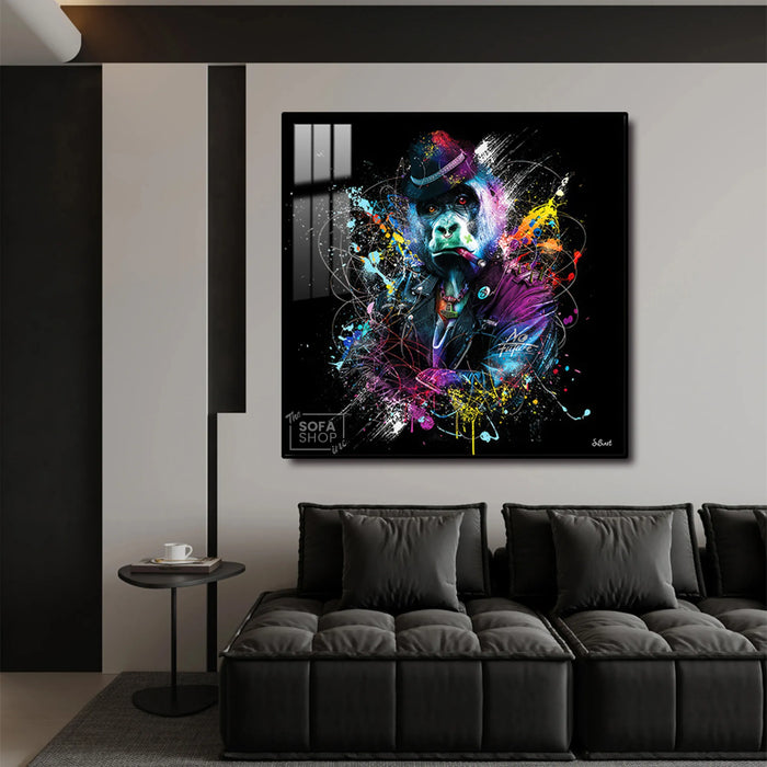 Gorilla Wall Art LED Canvas 100 x 100 cm | Street-Style Print With Bold Colour Splashes + Remote-Controlled LED Frame + Crystal-Porcelain Finish + Gold Or Black Frame | The Sofa Shop