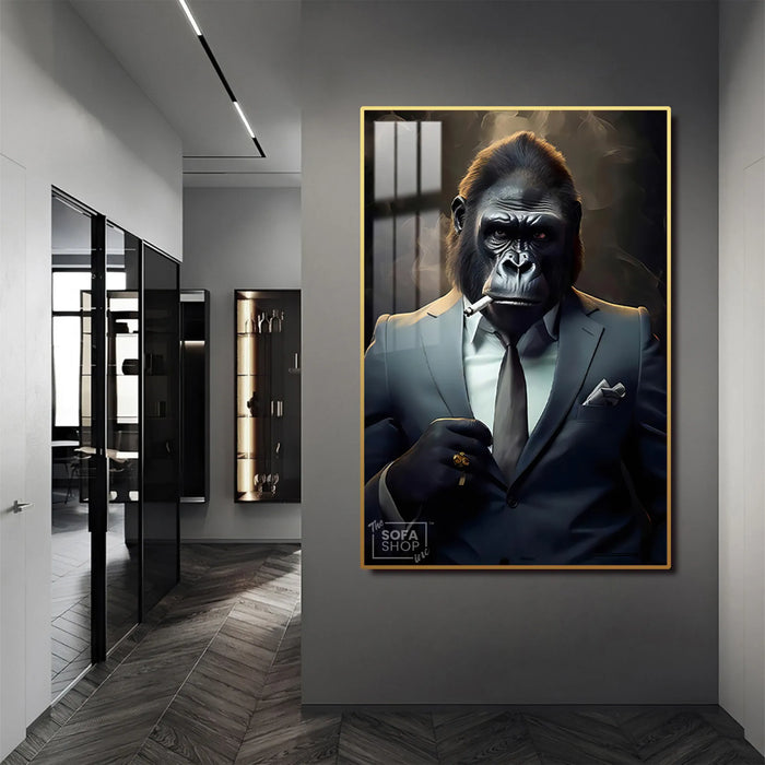 Smoking Gorilla King LED Canvas | Wall Art Painting in Gold/Black Frame Gorilla Portrait Wall Art, LED-Lit Crystal-Porcelain Painting | 100×150 cm | The Sofa Shop
