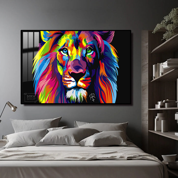 Colourful Lion Painting LED Canvas 150 x 100 cm | Pop Art Wall Art With 3 Brightness Modes + Remote Control + Crystal-Porcelain Finish + Gold Or Black Frame | The Sofa Shop