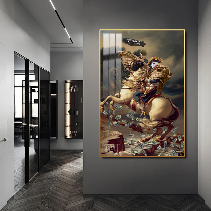 LED Conquest Canvas 100 x 150 cm Vertical | The World Is Yours Horse & Rider Wall Art With Adjustable LED Backlighting + Crystal-Porcelain Finish + Gold Or Black Frame | The Sofa Shop