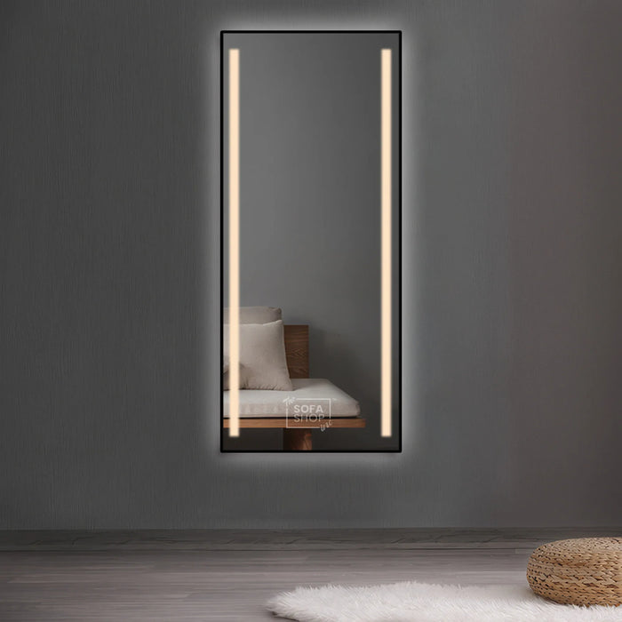 Rectangular Hanging Mirror with LED Light and Frame Design in Gold, Silver, or Black