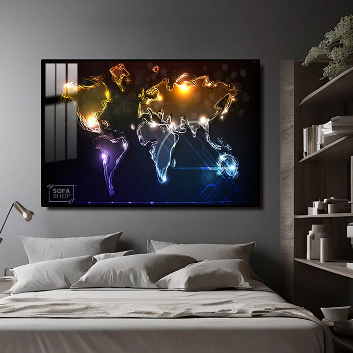 Illuminated World Map LED Canvas 150 x 100 cm | Neon Map Wall Art With Adjustable LED Backlighting + Crystal-Porcelain Finish + Gold Or Black Frame | The Sofa Shop