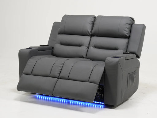 2 Seater Electric Recliner Cinema Sofa in Grey Leather with USB Ports, Cup Holders, Storage, Massage, and LED Lights | No Console, No Damage | Siena | Sample Sofa 103