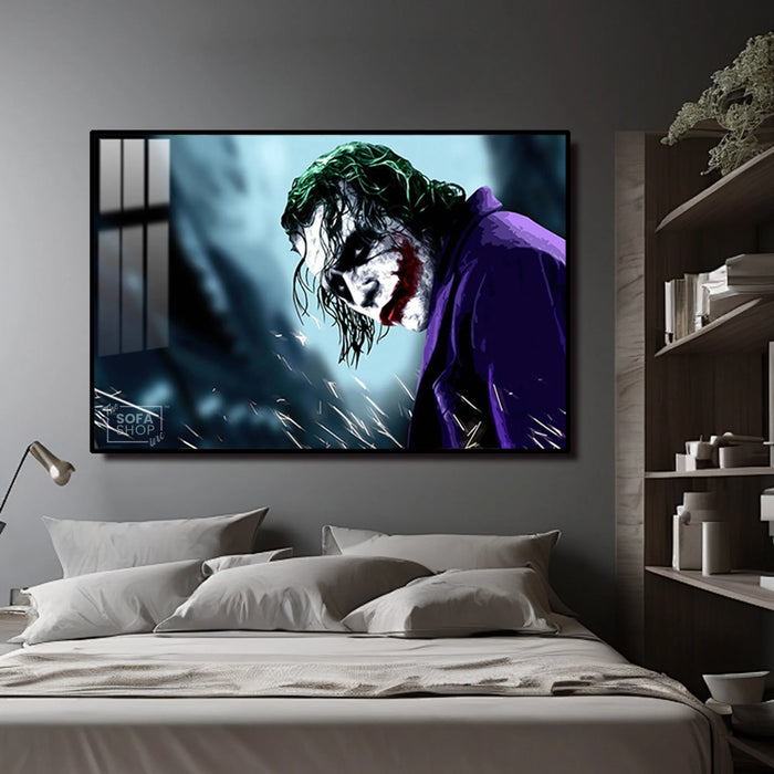 LED Joker Portrait Canvas 150 x 100 cm | Glow In The Dark Wall Art With 3 Lighting Modes + Crystal-Porcelain Finish + Gold Or Black Aluminium Frame | The Sofa Shop