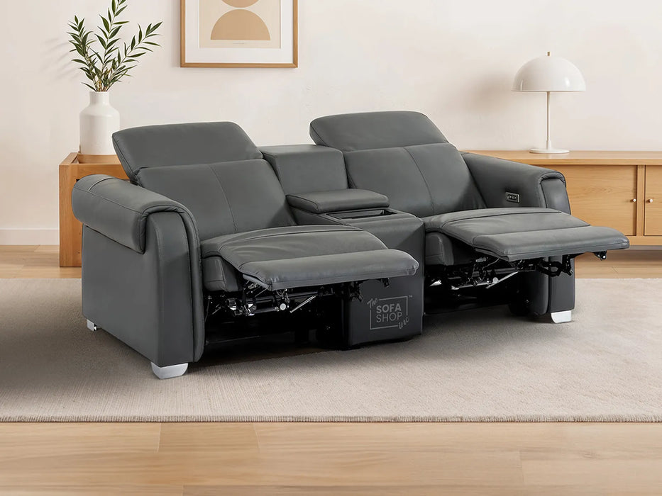 2 Seater Real Leather Electric Recliner Sofa | Cinema Sofa | Hi-Tech Sofa in Grey with Massage, Middle Console, Adjustable Headrests & USB | Turin