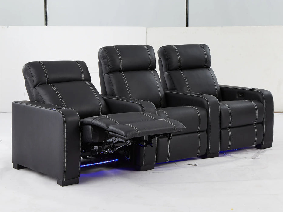 3 Seater Reclining Home Theatre Sofa | Black Real Leather Electric Seats With Arm Storage, LED, USB & Cup Holders | Catania | The Sofa Shop - 30