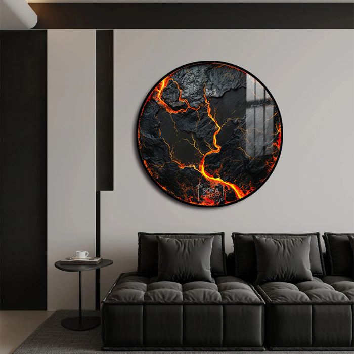 Volcanic Wall Art Round LED Canvas 100 cm | Lava-Inspired Feature Piece With Flickering LED Glow + Remote Control + Crystal-Porcelain Gloss + Gold Or Black Frame | The Sofa Shop