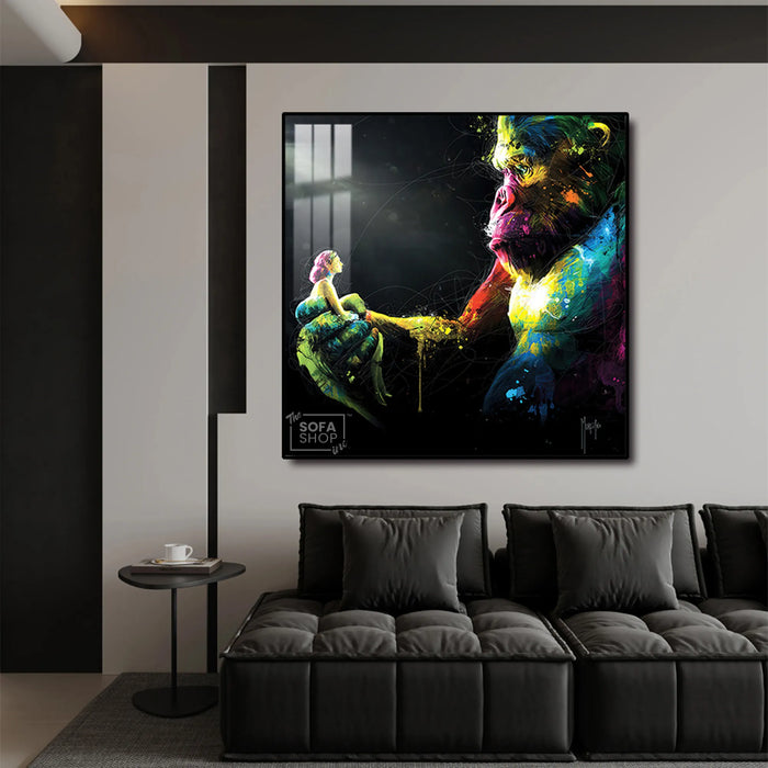 Gorilla Canvas Wall Art LED 100 x 100 cm | Emotional Street-Style Print With Bold Detail + Remote-Controlled LED Frame + Crystal-Porcelain Finish + Gold Or Black Frame | The Sofa Shop