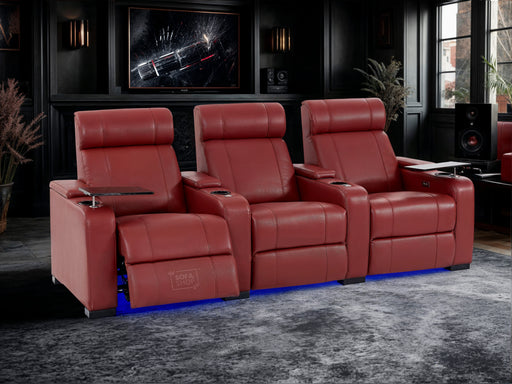 3 Seat Electric Recliner Home Cinema Theatre Sofa | Genuine Leather Couch in Red + Chilled Cupholders + Console + Storage + Power + USB + LED Lights | Rimini | The Sofa Shop