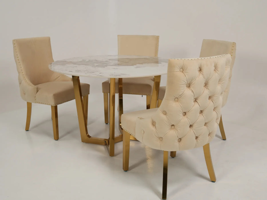 Gold Dining Table with 4x Cream Chesterfield Chairs | Can Be Cleaned - Chairs Slightly Dirty | Second Hand Sofas 57